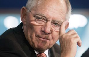 Germany's Minister of Finance Wolfgang Schauble speaks during a discussion during the World Bank/IMF annual meetings in Washington
