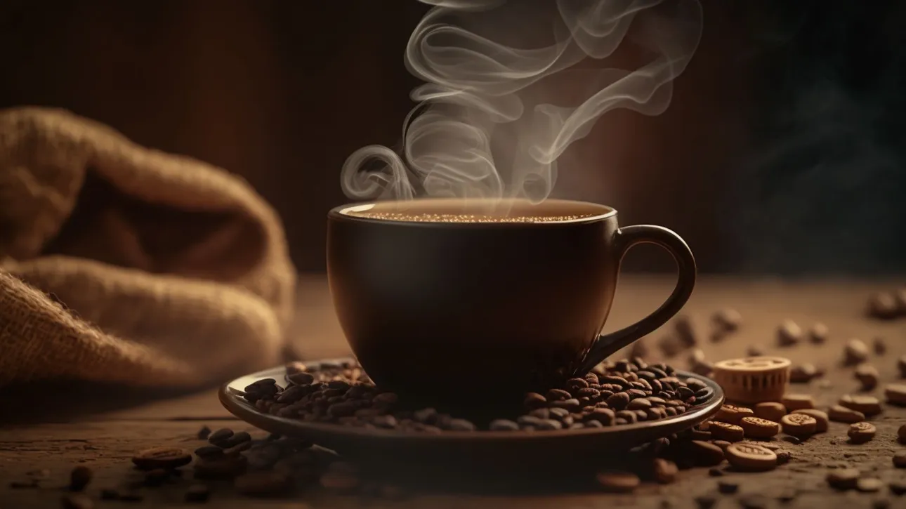 fresh coffee steams wooden table close up generative ai